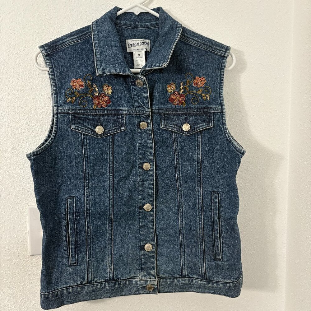 Pendleton Denim Vest Beaded Floral Design Medium Wash Vtg Size M Front Pockets